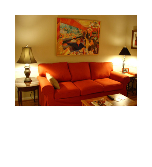 Joyce Garner Painting Over Red Sofa