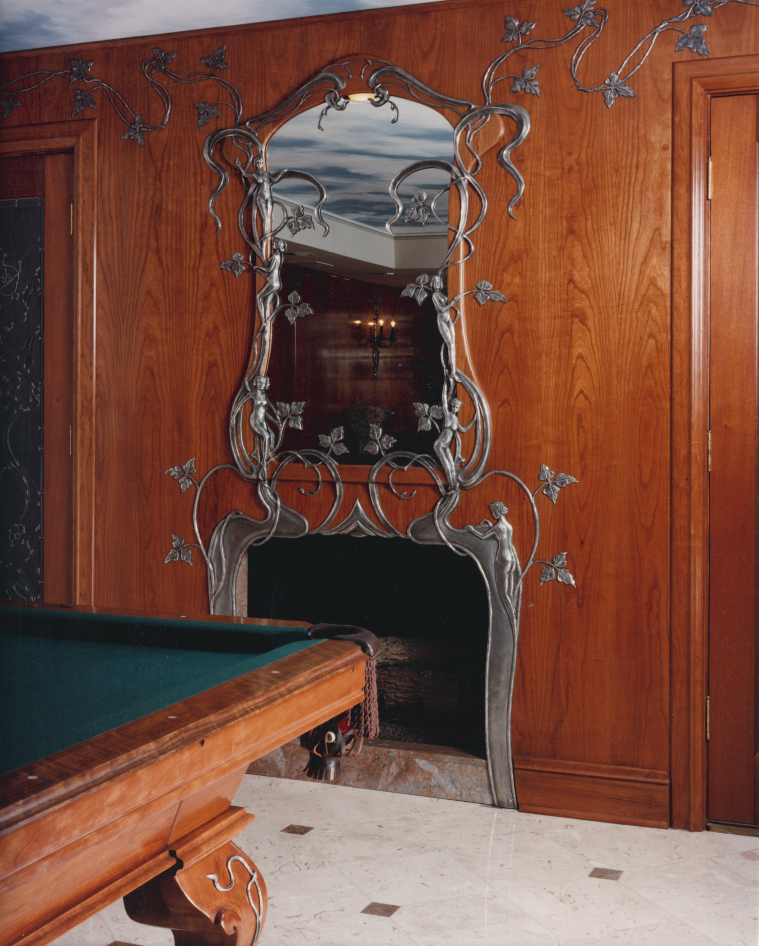 Mirror and Fireplace in Residential Billiards Room designed and exectued by Charles H. Reinike III